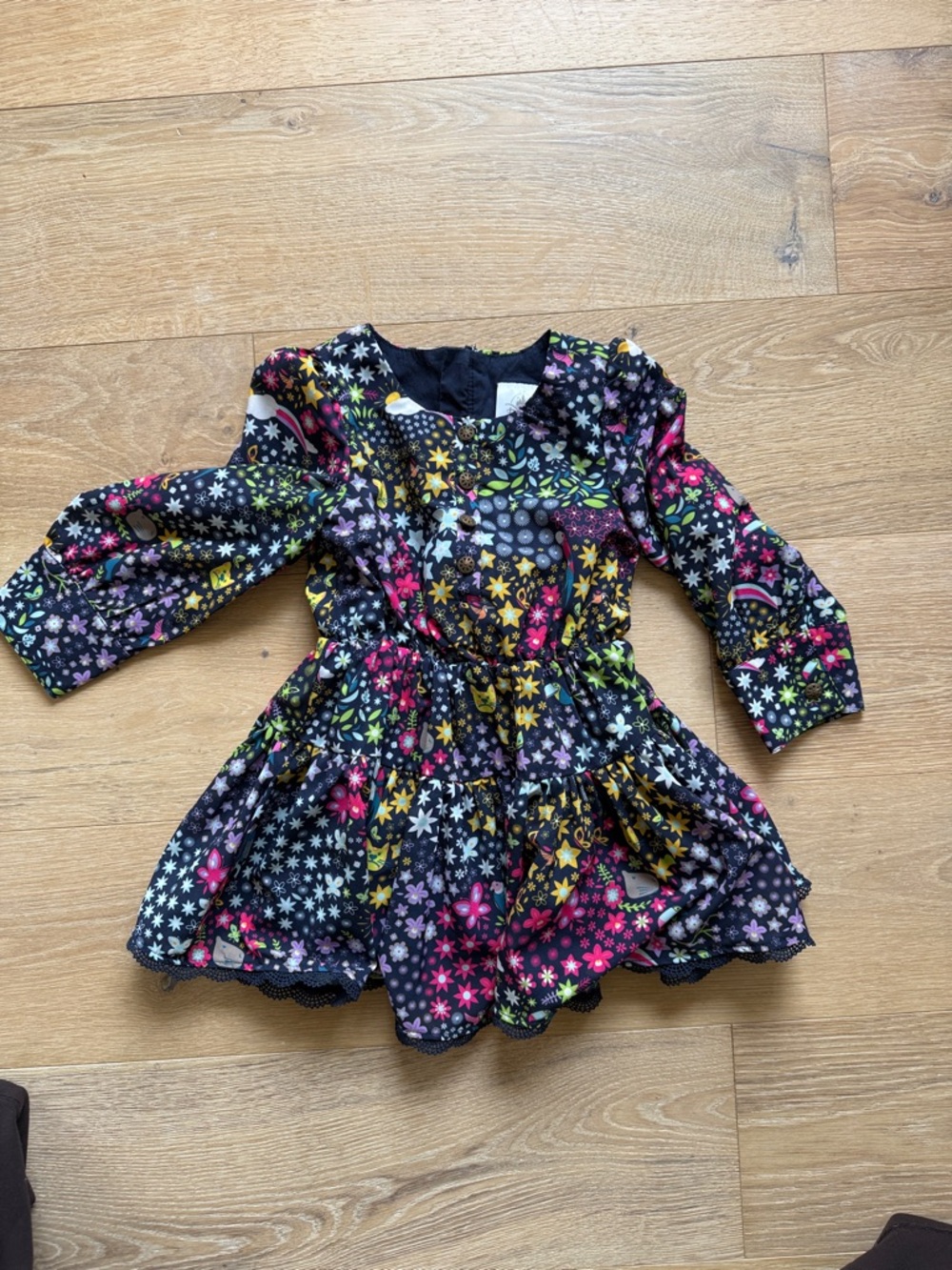 Encanto Disney Black Floral Star Print Long Sleeve Twirl Dress